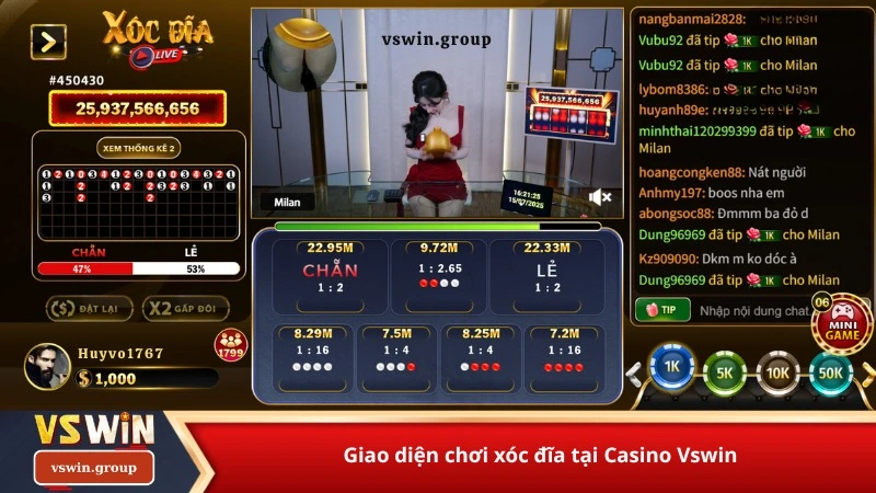 Giao diện chơi xóc đĩa tại Casino Vswin