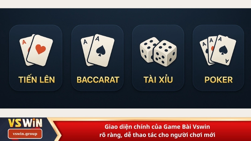 Giao diện chính của Game Bài Vswin rõ ràng, dễ thao tác cho người chơi mới