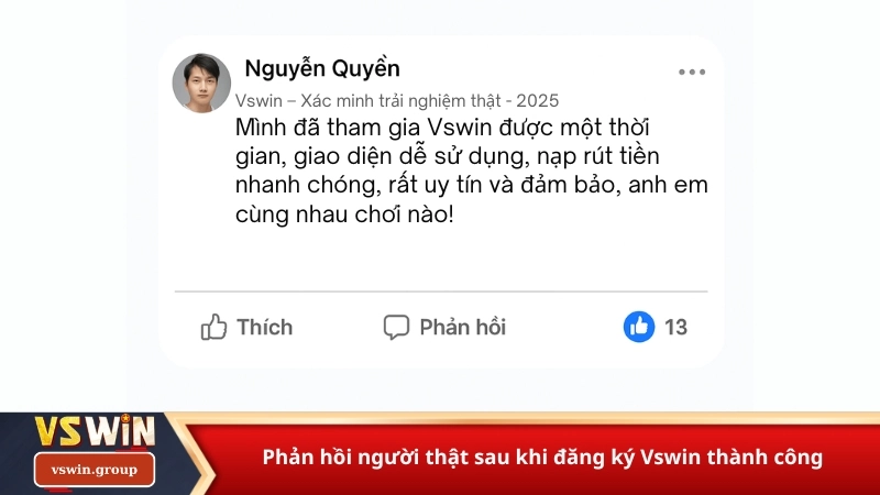 Phản hồi người thật sau khi đăng ký Vswin thành công